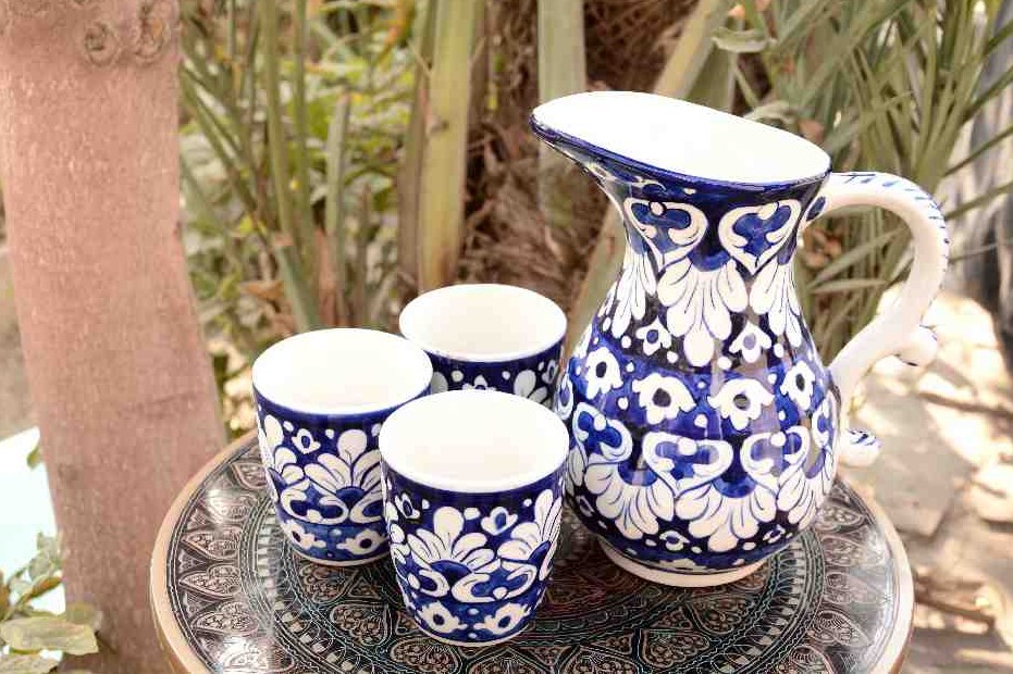 Blue pottery 6 glass water set   - Duplicate IMG # 1
