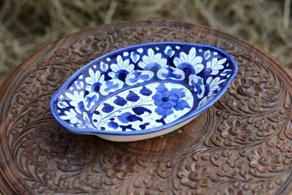 Blue Pottery Oval shape raita bowl - Duplicate IMG # 1