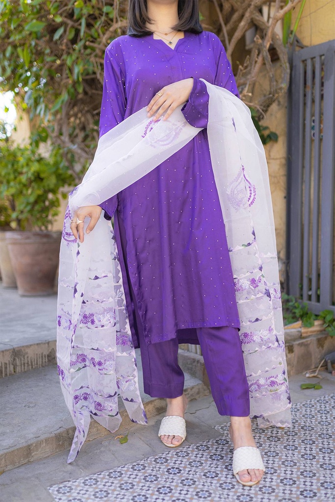 Extra image for Lilac Applique Organza Dupatta