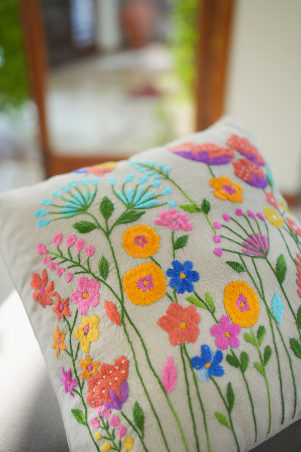 Extra image for Floral Hand-Embroidered Cushion Cover