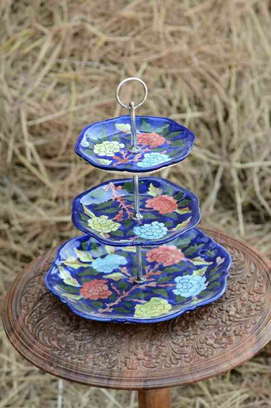 Blue Pottery Cup Cake Serving Tray