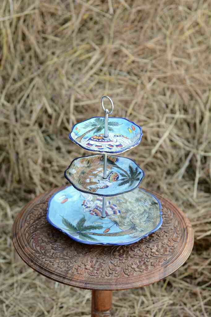 Blue Pottery Cup Cake Serving Tray