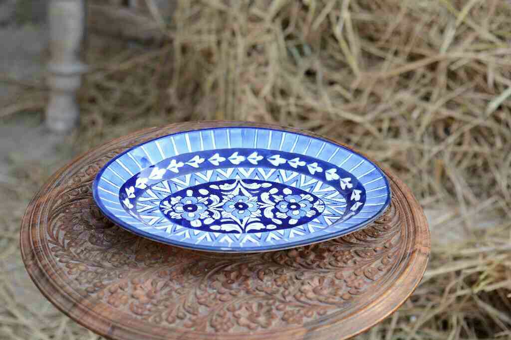 Blue Pottery Oval Shape Rice Tray