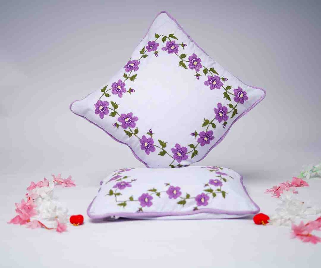 Purple flowerpatter Crossstitched Cushioncover