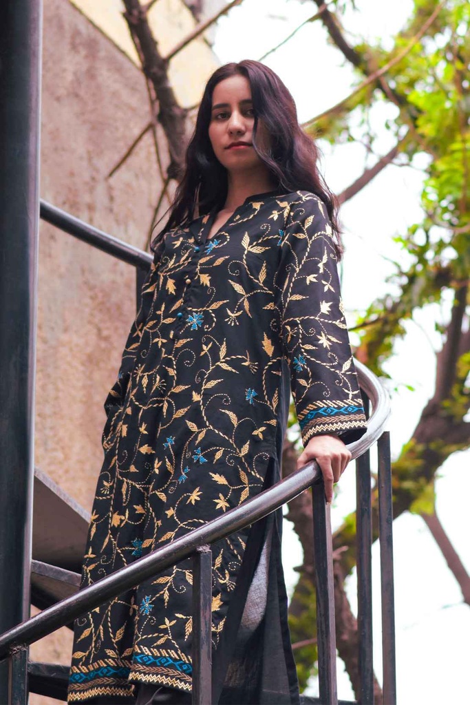 Black Hand Embroidered Kurta