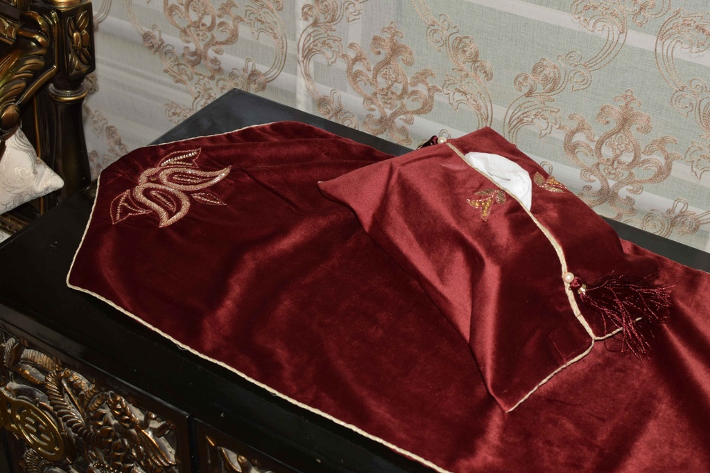 VS-1 Burgundy Velvet Formal Runner and Tissue Box Cover Set