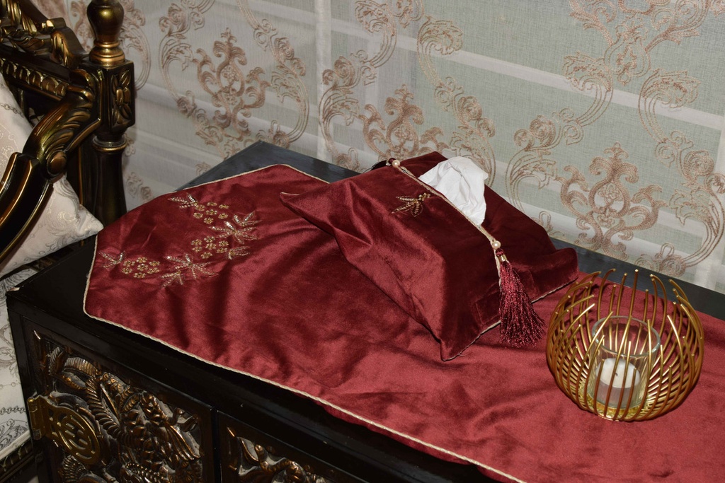 VS-2 Burgundy Velvet Formal Runner and Tissue Box Cover Set