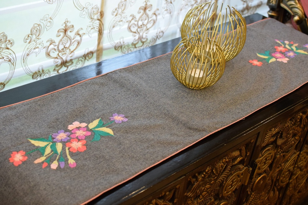 R-5 Grey Jute Hand Embroidered Runner