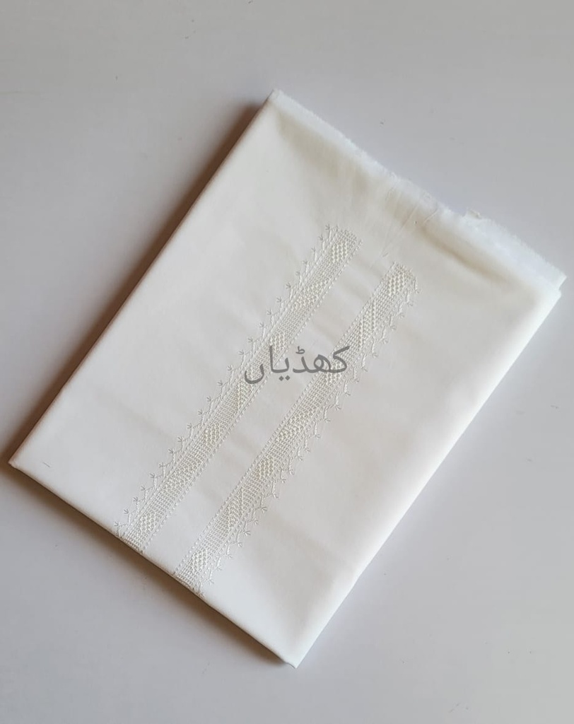 White Unstitched Kurta Pure Cotton Fabric Tarkashi Neckline