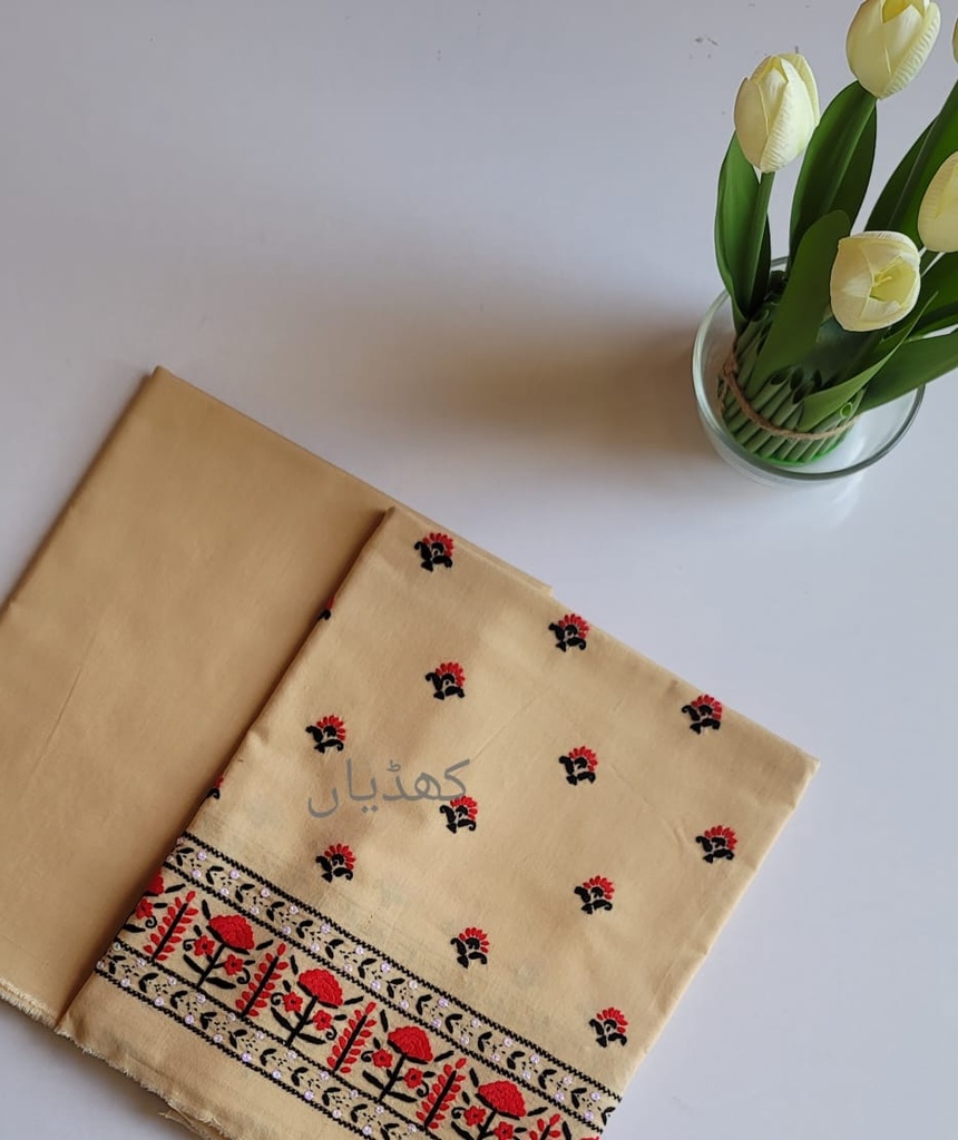 Golden Beige Lawn 2-Piece Unstitched Suit – Hand Embroidered Shirt with Black & Red Motifs | Pure Lawn Fabric
