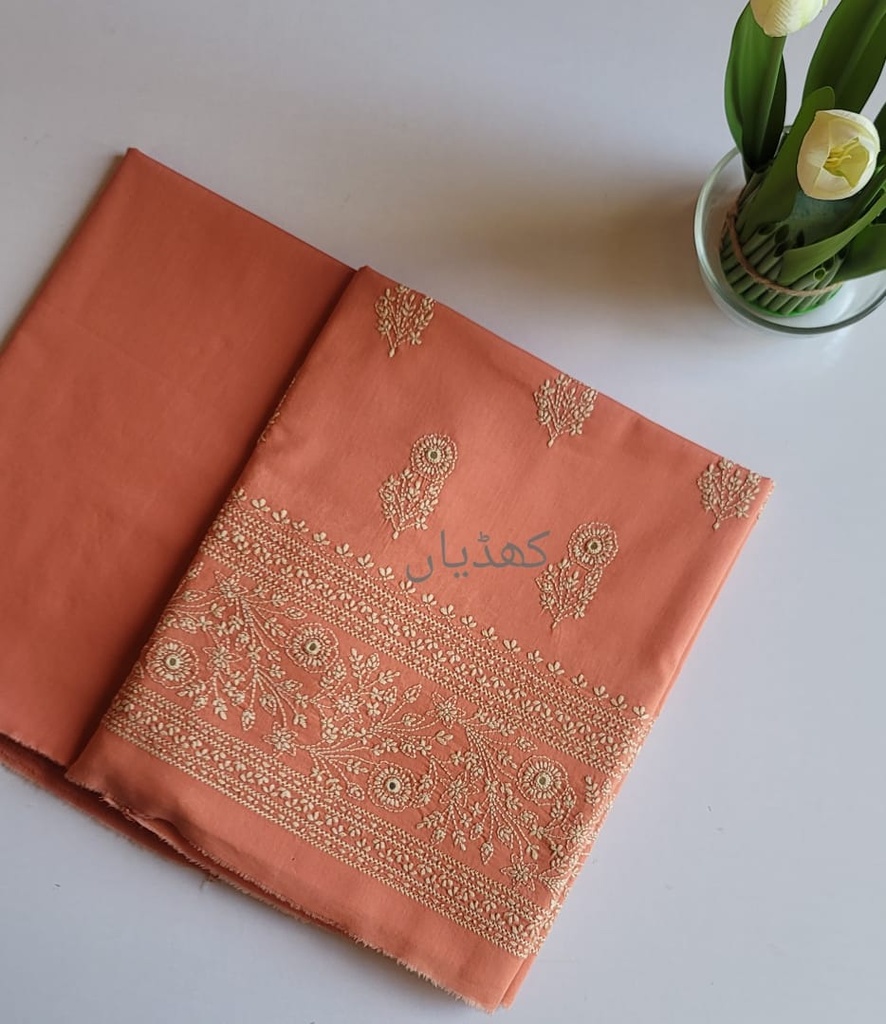 Burnished Peach Lawn 2-Piece Unstitched Suit Hand Embroidered Shirt & Trouser Lawn Fabric