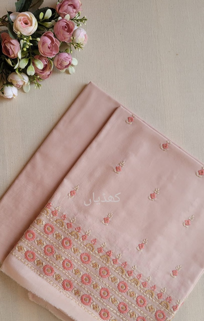 Pale Sand Pink Lawn Suit with Peach Hand Embroidery – 2 Piece Unstitched Shirt & Trouser