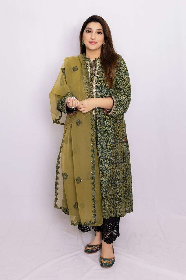 Ajrak Applique Organza Dupatta