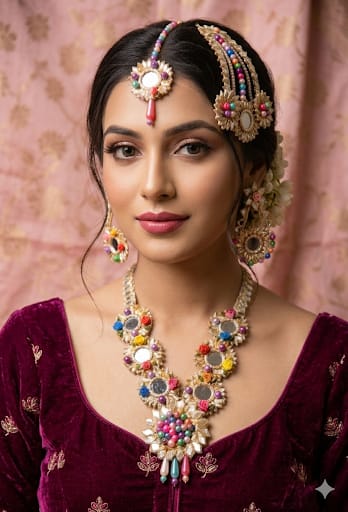 Handcrafted floral mirror jewelry set ideal for Mehndi and Mayon.