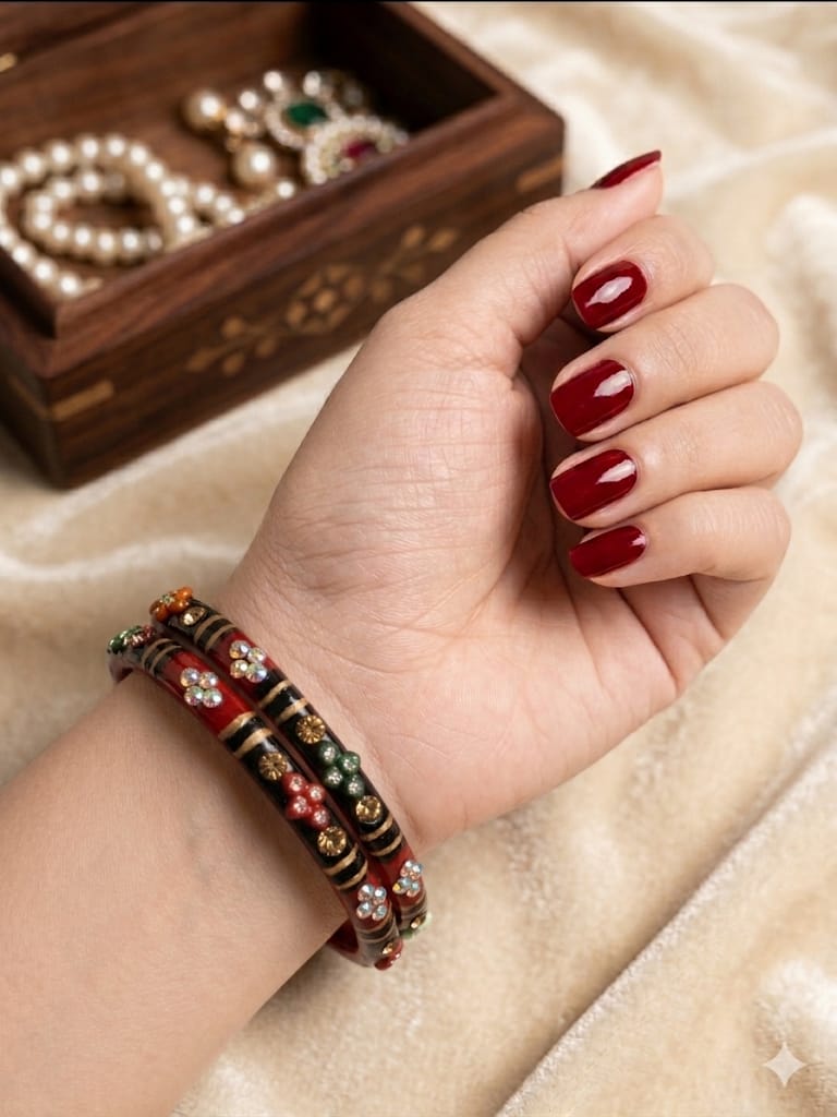 Grace your wrists with these elegant red and black bangles.