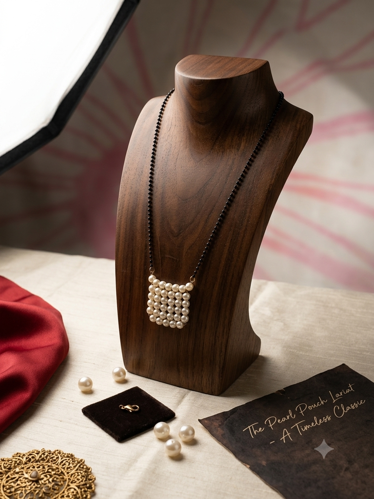 A timeless lariat necklace featuring a delicate black bead chain and an elegant, woven square pearl pendant.