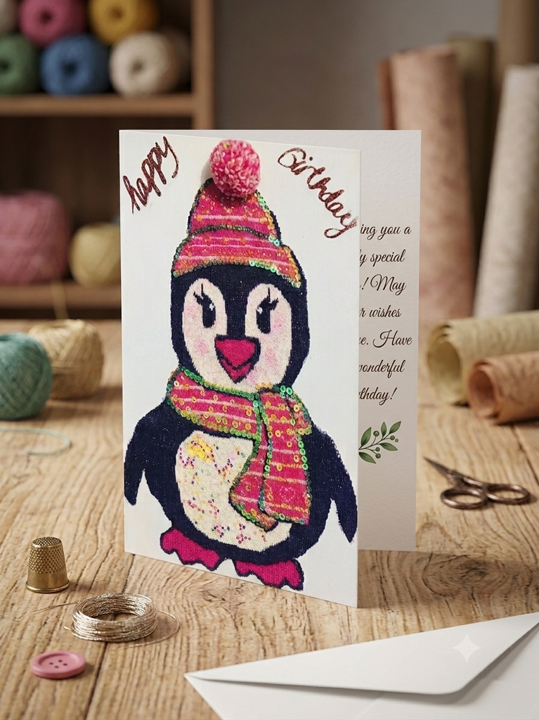 Jumbo size 3D premium Fabric Texture & sequin penguin Birthday Card.