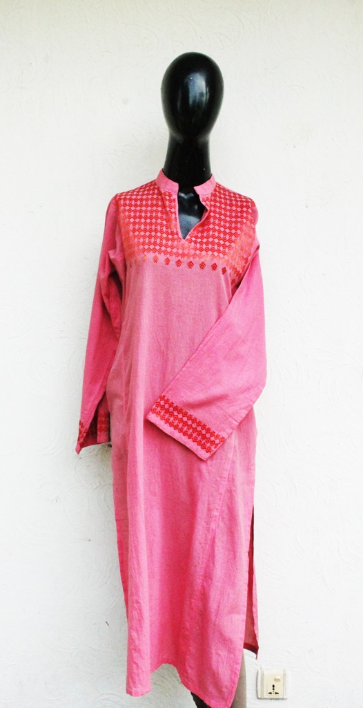 Pink Kurta with Kacho hand embroidery.