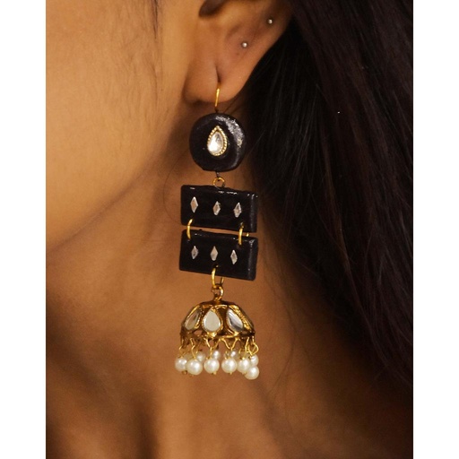 [PK4127-JW-EAR-015232] Black Kundan Earrings