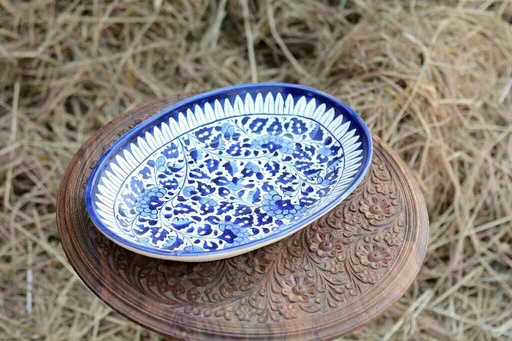 [PK0363-HM-TRY-026120] Blue Pottery Oval Shape Rice Tray