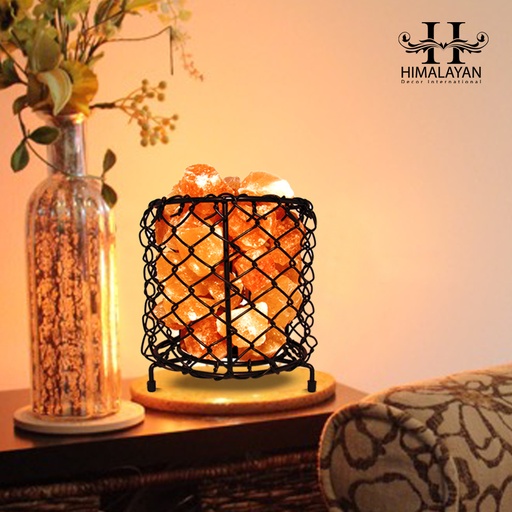 [PK8146-HM-LMP-027857] Himalayan Crystal Decor Metal Basket Salt Lamp in Cylinder Shape with Salt Chunks