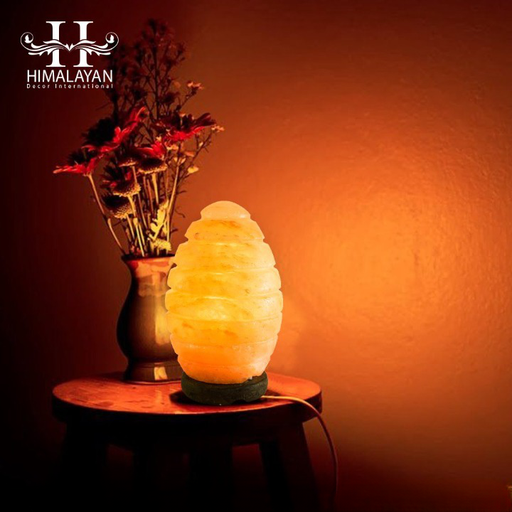[PK8146-HM-LMP-027875] Himalayan Salt Lamp Egg Shape with Lines with Wood Base & Electric Wire Bulb
