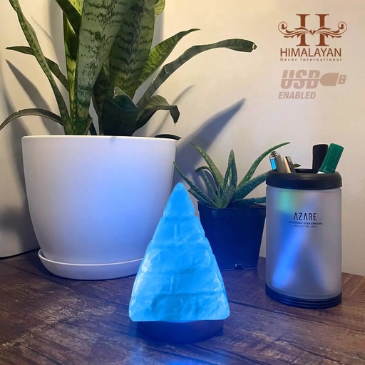 [PK8146-HM-DCR-029188] Lined Pyramid Shape USB Lamp with Multicolored LED Bulb (Himalayan Rock Salt)