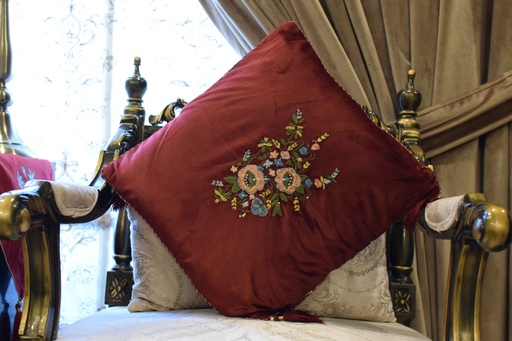 [VC-EG-C-1] C-1 Burgundy Velvet Hand Embroidered Cushion Covers Set