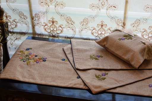 [VC-EG-JS-14] JS-14 Beige Jute Runner, Mats and Tissue Box Cover Set