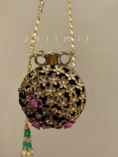 [VC-JHIL-018] Festive handmade Clutch - Round Black Multi