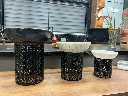 [VC-LAH-010] Marble Bowl Deep with Metal Stand - 25Cm