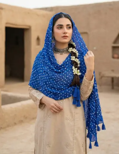 [VC-RK00029] Royal Blue Hand-Knotted Chunri Dupatta Pure Lawn Fabric