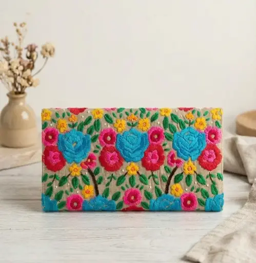 [VC-RK00044] Golden Beige Wallet with Hand Embroidery – Limited Edition Compact Wallet for Cash, Cards & Phone