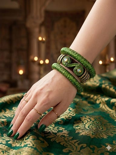 An elegant ,stacked bangle set featuring rich green textured gota Dori wraps.