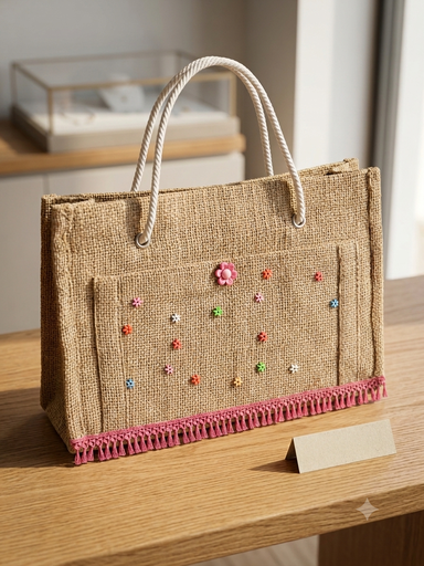 Handcrafted jute tote bag decorated with multiple beaded.