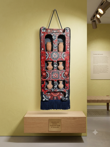 Craft of Sindh-Traditional Ajrak, Terracotta wall hanging.