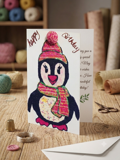 Jumbo size 3D premium Fabric Texture & sequin penguin Birthday Card.