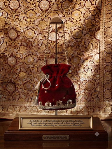 The traditional red velvet potli bag.