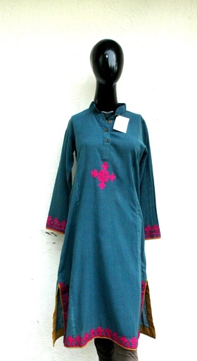 [PK0029-CW-PRT-000342] Blue full sleeves kurta with pink Hurmich (Sindhi) embroidery